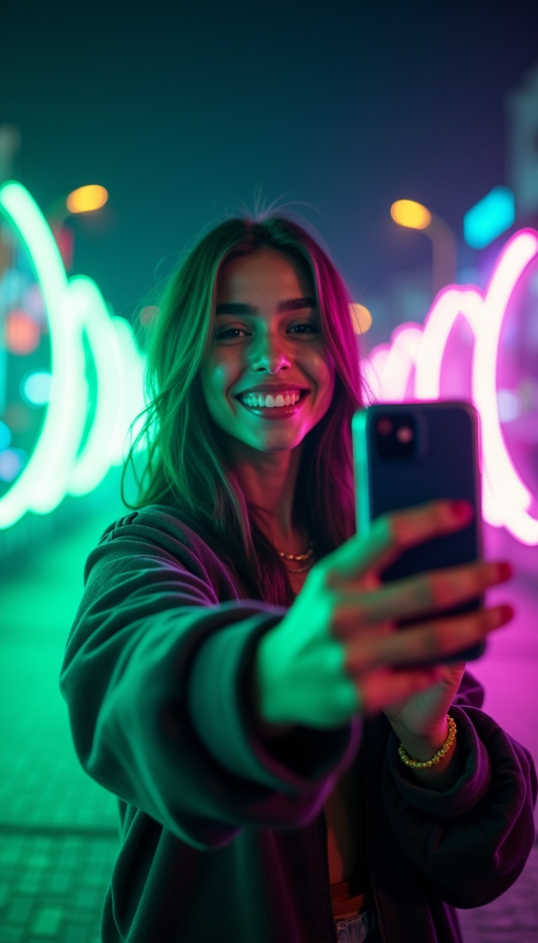 A creator taking a selfie wrapped in neon light